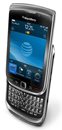 Side angle view of the BlackBerry Torch 9800 with slider keyboard open