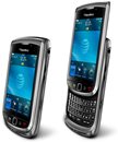 Side angle view of the BlackBerry Torch 9800 with slider keyboard both closed and open